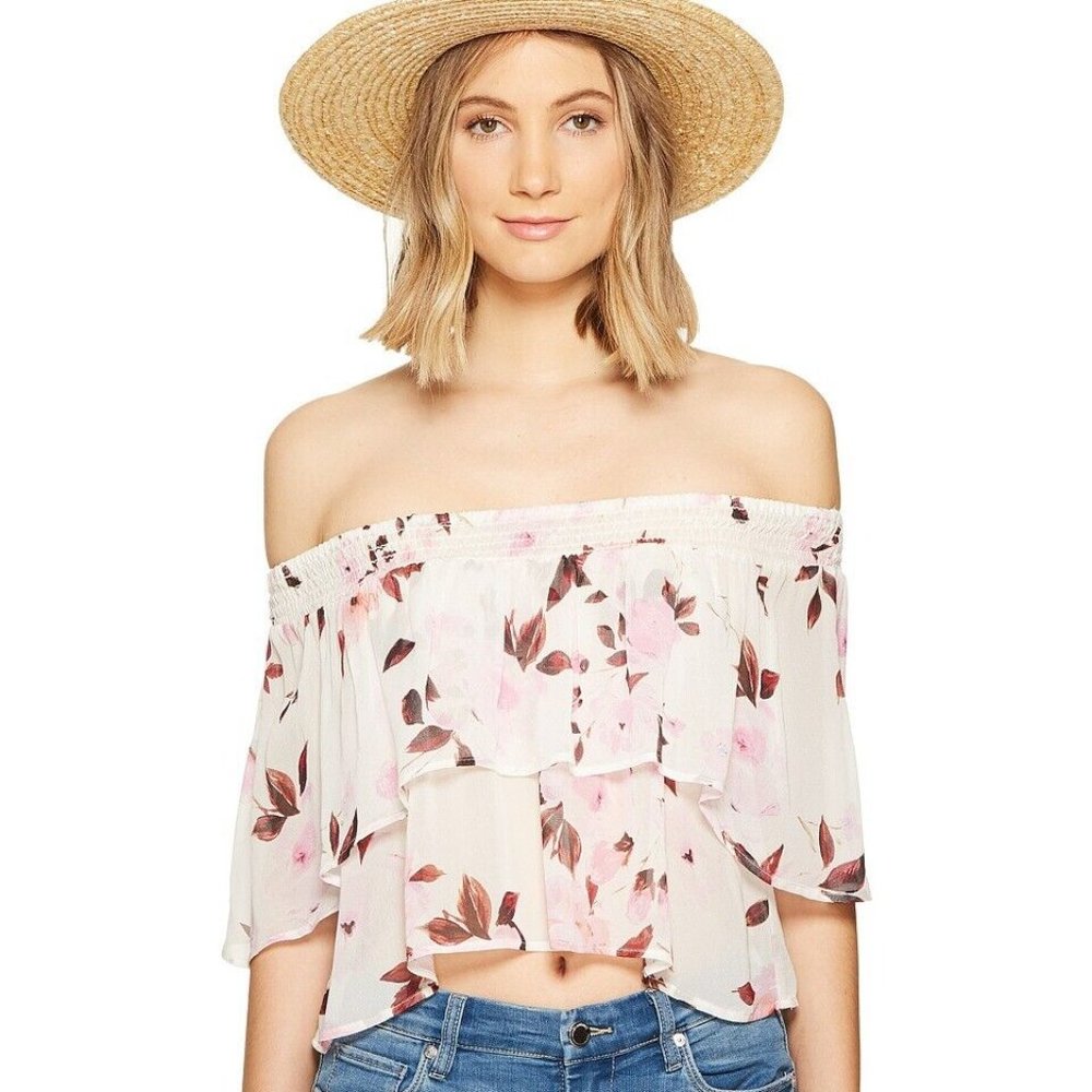 Flynn Skye - Athens Off the Shoulder Crop Top sz L, Scattered Roses Chiffon NWT